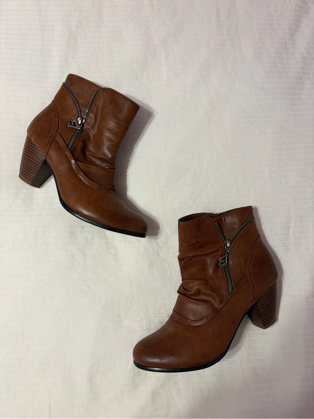 Women's Brown Stacked Heel Ankle Booties with Side Zip